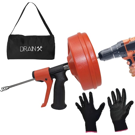 Drainx SPINFEED Drum Auger Drain Snake, Auto Extend and Retract, with Work Gloves and Carrying Bag DHX1-1045